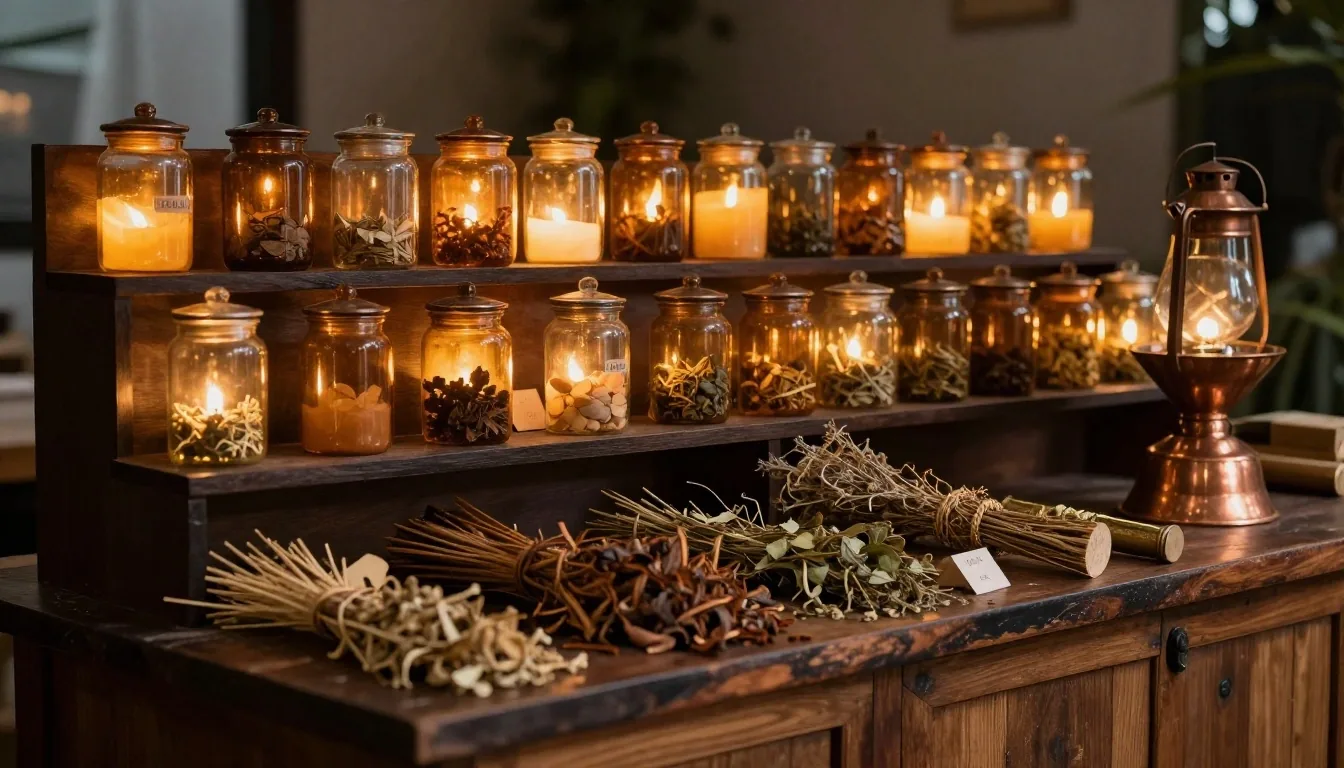 Bandung herbal workshop at dusk with amber apothecary glass