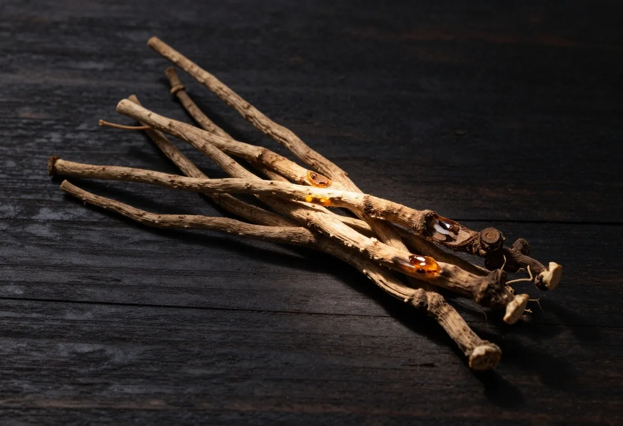 Dried tongkat ali root on a dark wooden bench