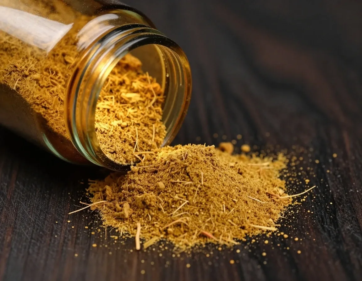 Ground herbal capsule powder in an amber apothecary jar