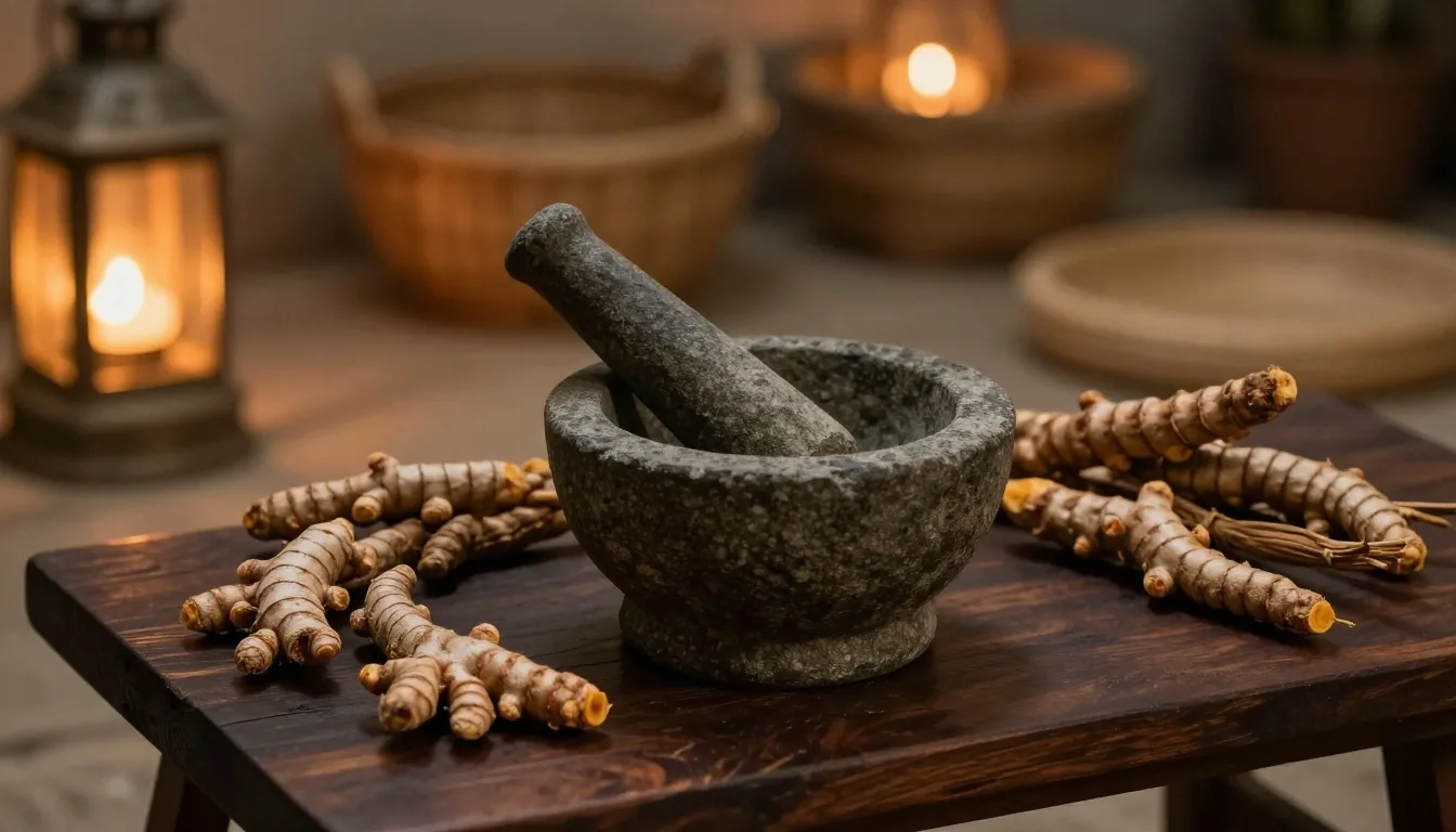 Traditional Indonesian herbal preparation with mortar and pestle